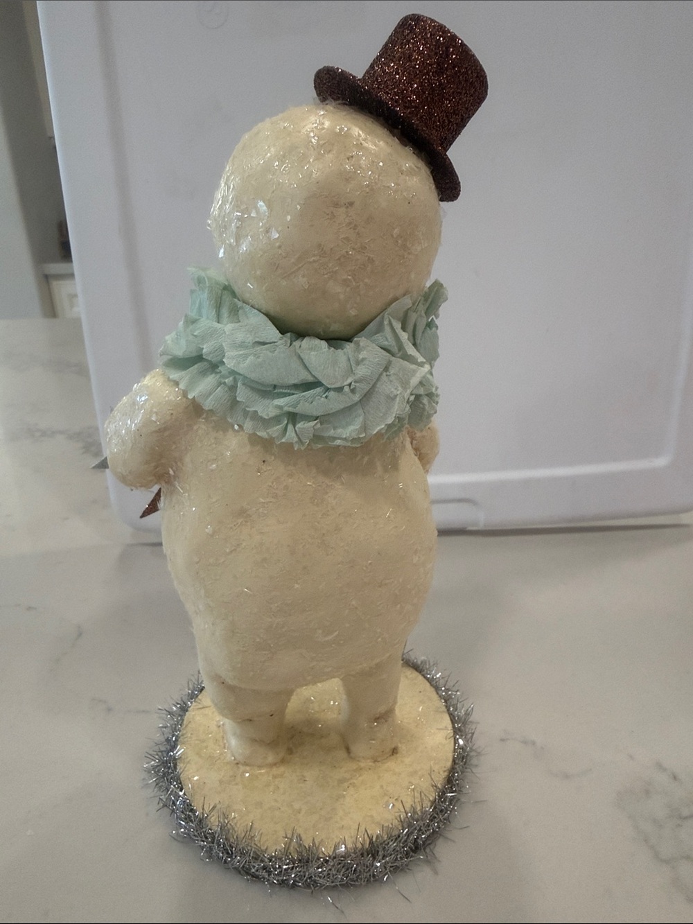Handcrafted Cream Snowman Figurine with Mint Accents and Hat by Bethany Lowe - Picture 5 of 7